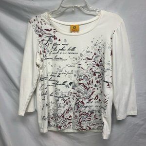 Ruby Rd. Womens T-Shirt White Abstract 3/4 Sleeve Scoop Neck Stretch Sequin M